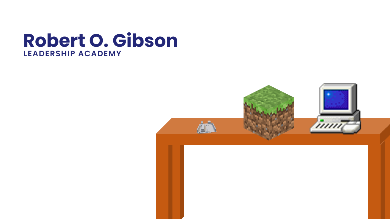 Desk workspace with Robert O. Gibson text, Arduino, Minecraft block, and retro computer
